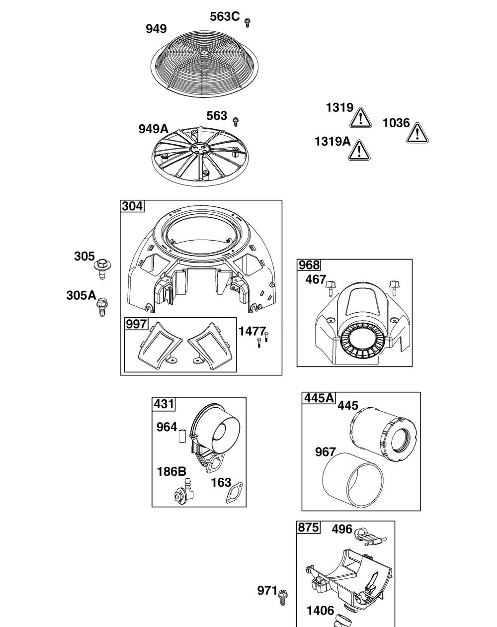 Blower Housing And Air Cleaner Group Diagram and Parts List for 40T877-0008-B5  Briggs and Stratton Engine